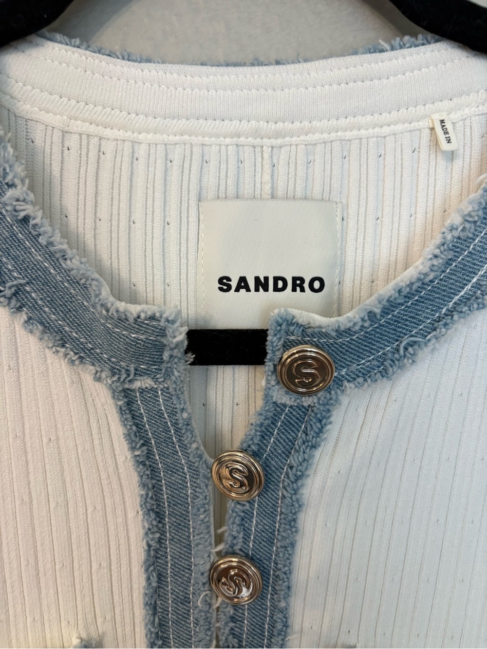 Sandro White Ribbed Knit Midi Dress with Denim Trim WITH FLAW - Picture 4 of 9